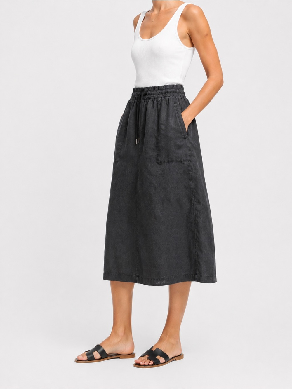 Athleta Linen Black Midi Drawstring Skirt